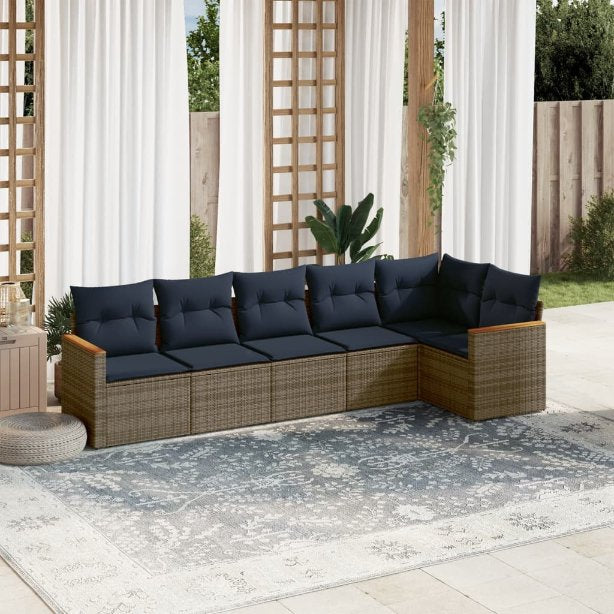 6-teiliges Gartensofa-Set mit Kissen, schwarzes Polyrattan