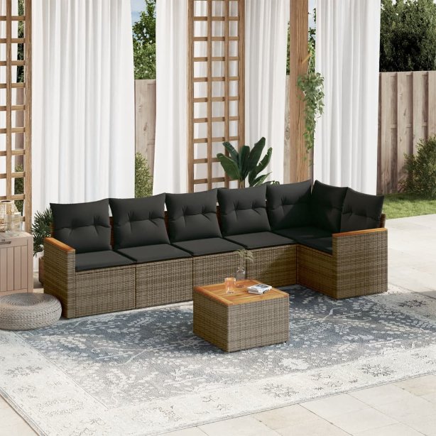 6-tlg. Garten-Sofagarnitur mit Kissen Schwarz Poly Rattan