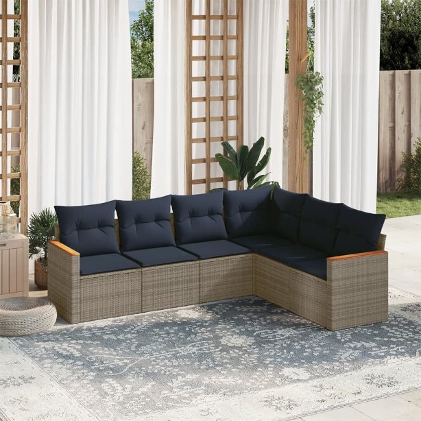 6-teiliges Gartensofa-Set mit Kissen, schwarzes Polyrattan