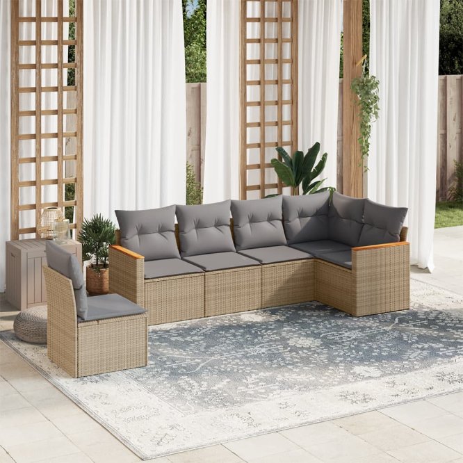 6-tlg. Garten-Sofagarnitur mit Kissen Schwarz Poly Rattan