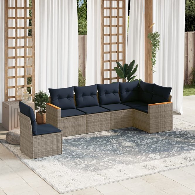 6-teiliges Gartensofa-Set mit Kissen, schwarzes Polyrattan