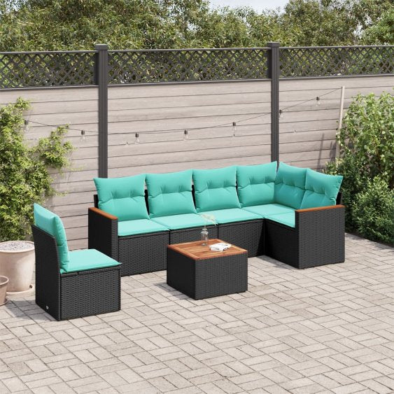 6-teiliges Gartensofa-Set mit Kissen, schwarzes Polyrattan