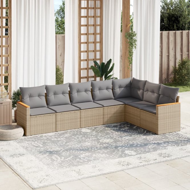 7-tlg. Garten-Sofagarnitur mit Kissen Schwarz Poly Rattan