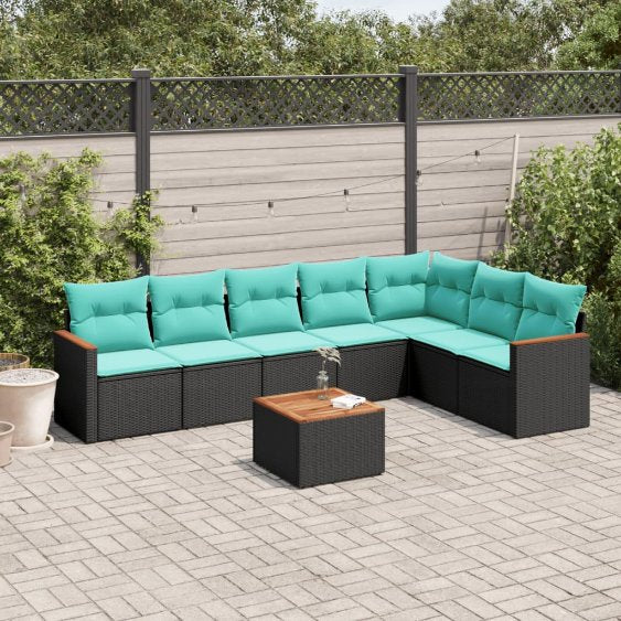 7-teiliges Gartensofa-Set mit Kissen, schwarzes Polyrattan