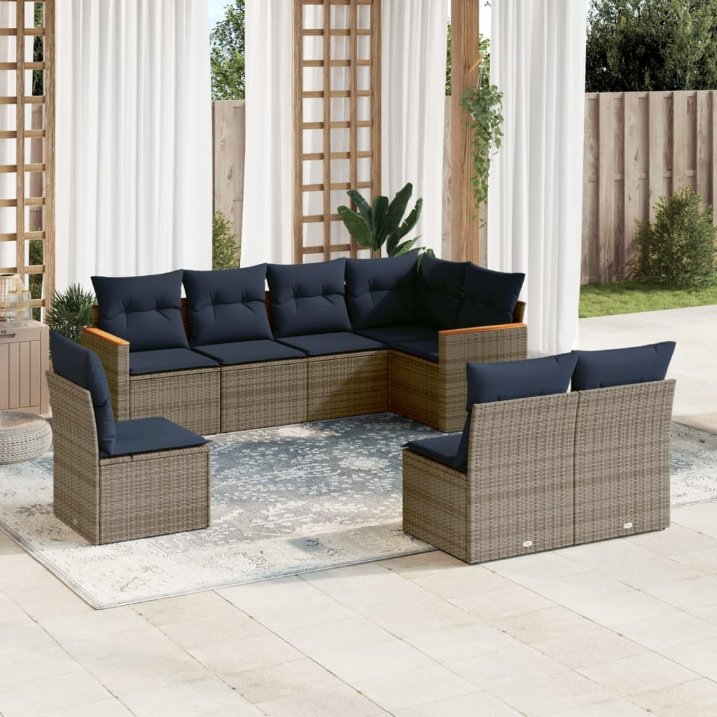 8-teiliges Gartensofa-Set mit Kissen, schwarzes Polyrattan