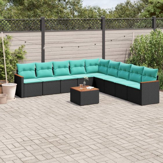 9-teiliges Gartensofa-Set mit Kissen, schwarzes Polyrattan