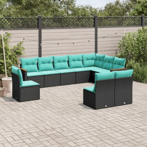 vidaXL 10-teiliges Gartensofa-Set mit Kissen, schwarzes Polyrattan