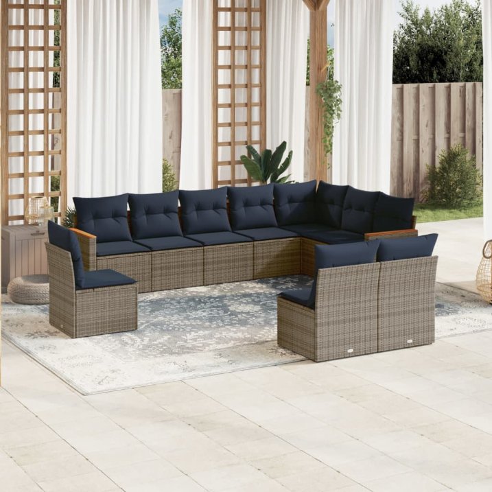 vidaXL 10-teiliges Gartensofa-Set mit Kissen, schwarzes Polyrattan