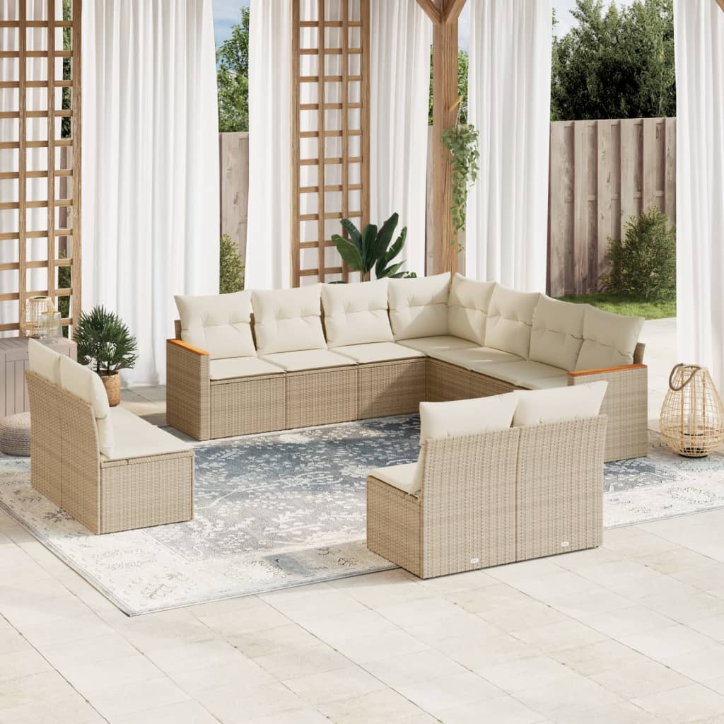 11-tlg. Garten-Sofagarnitur mit Kissen Schwarz Poly Rattan