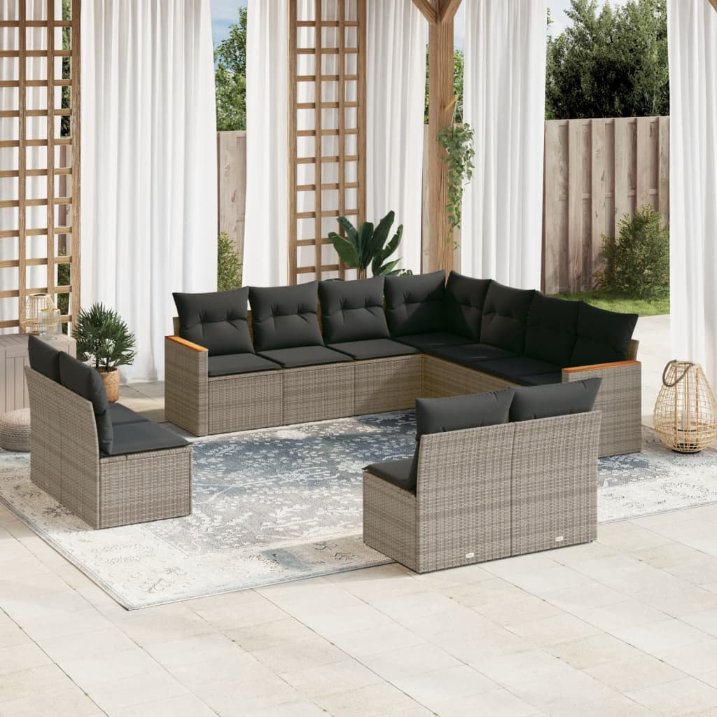 11-tlg. Garten-Sofagarnitur mit Kissen Schwarz Poly Rattan