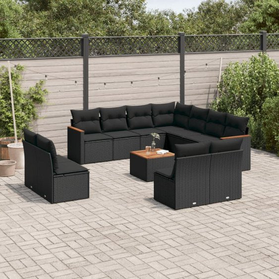 11-tlg. Garten-Sofagarnitur mit Kissen Schwarz Poly Rattan