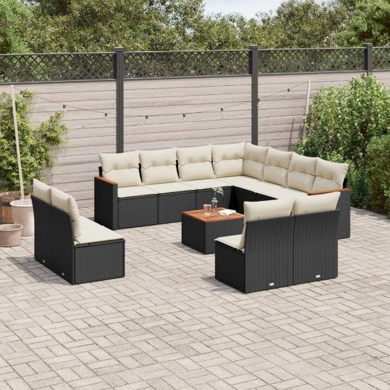 11-tlg. Garten-Sofagarnitur mit Kissen Schwarz Poly Rattan