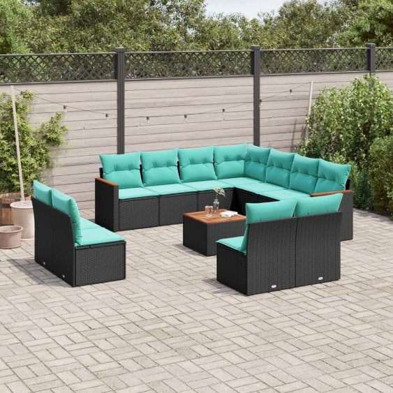 vidaXL 11-teiliges Gartensofa-Set mit Kissen, schwarzes Polyrattan