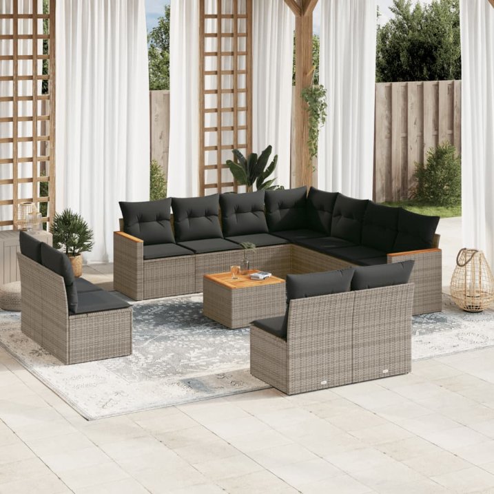 11-tlg. Garten-Sofagarnitur mit Kissen Schwarz Poly Rattan
