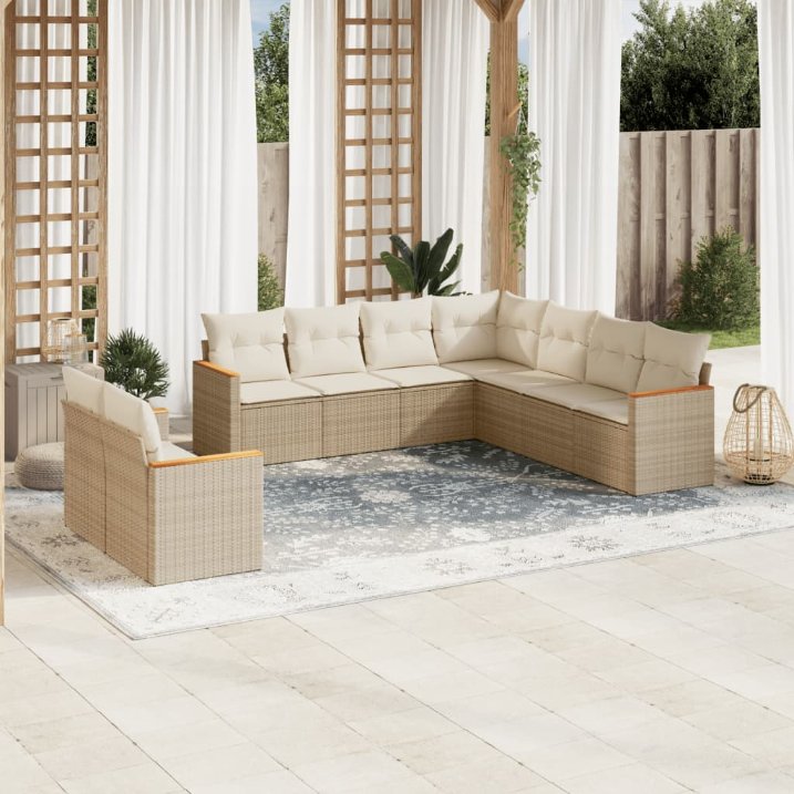 9-tlg. Garten-Sofagarnitur mit Kissen Schwarz Poly Rattan