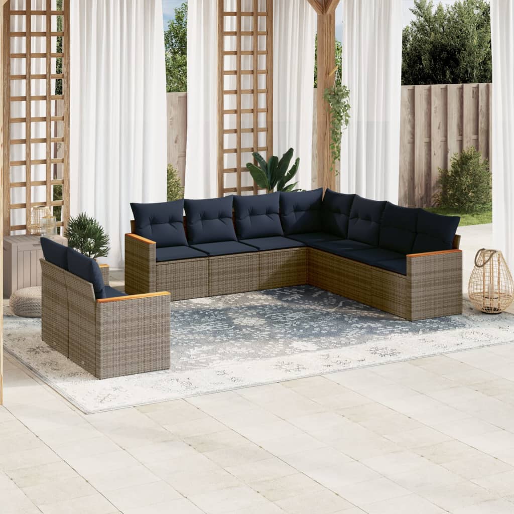 9-teiliges Gartensofa-Set mit Kissen, schwarzes Polyrattan