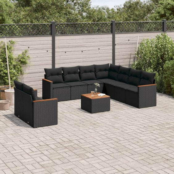9-tlg. Garten-Sofagarnitur mit Kissen Schwarz Poly Rattan