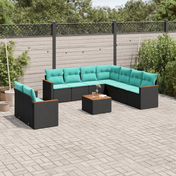 9-teiliges Gartensofa-Set mit Kissen, schwarzes Polyrattan