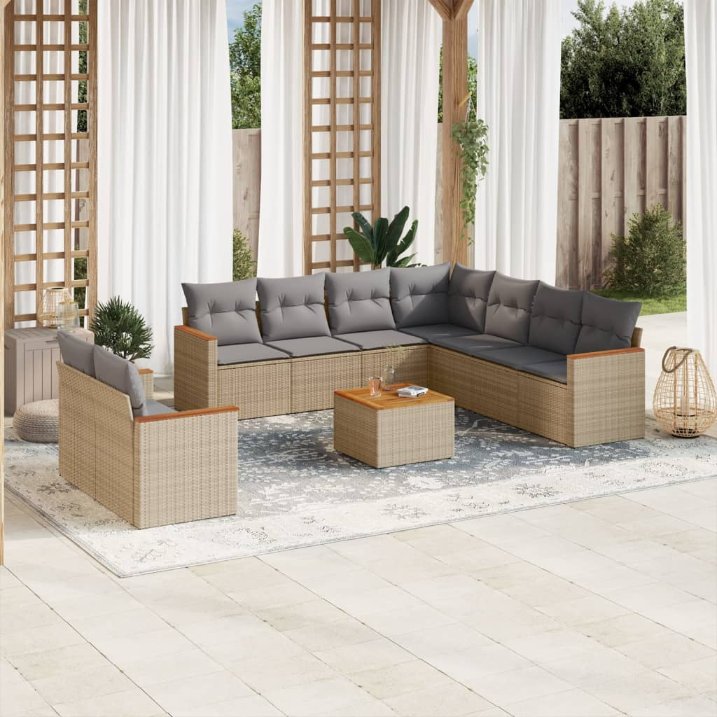 9-tlg. Garten-Sofagarnitur mit Kissen Schwarz Poly Rattan