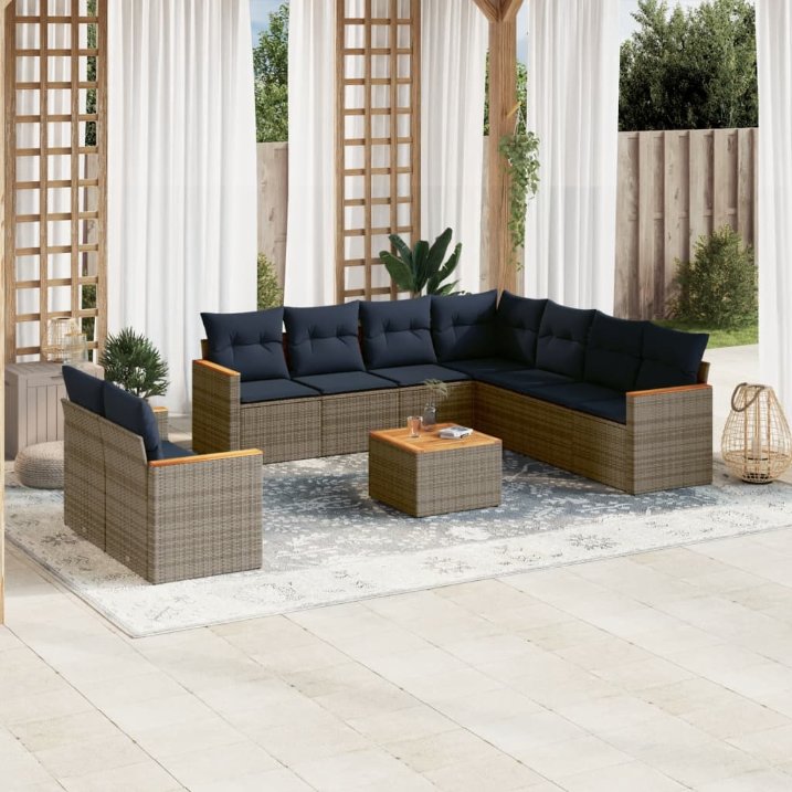 9-teiliges Gartensofa-Set mit Kissen, schwarzes Polyrattan