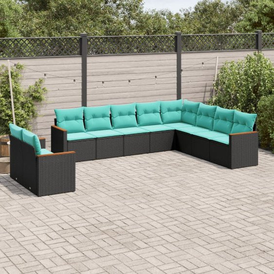 vidaXL 10-teiliges Gartensofa-Set mit Kissen, schwarzes Polyrattan