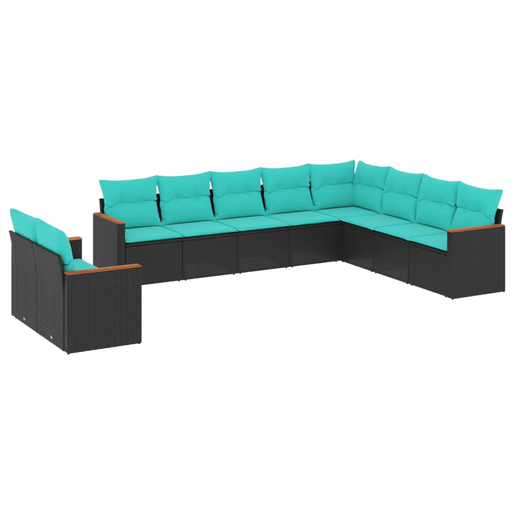 vidaXL 10-teiliges Gartensofa-Set mit Kissen, schwarzes Polyrattan