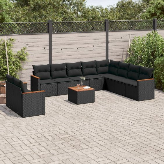 vidaXL 10-tlg. Garten-Sofagarnitur mit Kissen Schwarz Poly Rattan