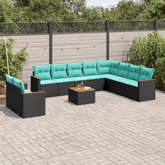 vidaXL 10-teiliges Gartensofa-Set mit Kissen, schwarzes Polyrattan