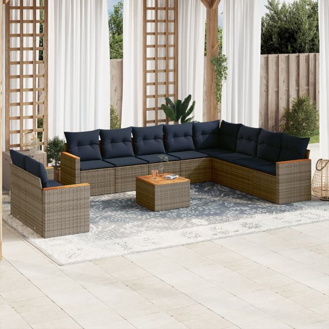 vidaXL 10-teiliges Gartensofa-Set mit Kissen, schwarzes Polyrattan