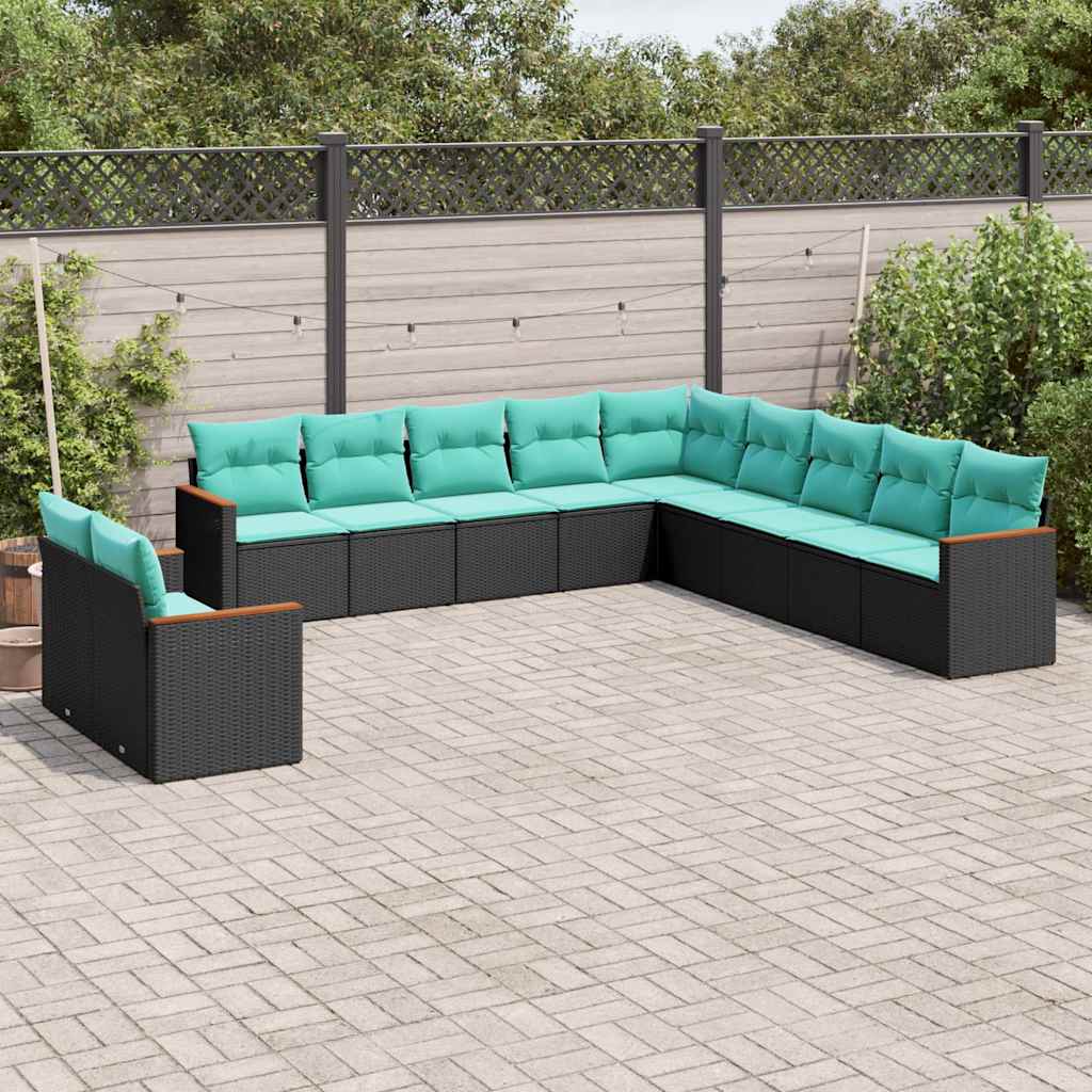 vidaXL 11-teiliges Gartensofa-Set mit Kissen, schwarzes Polyrattan