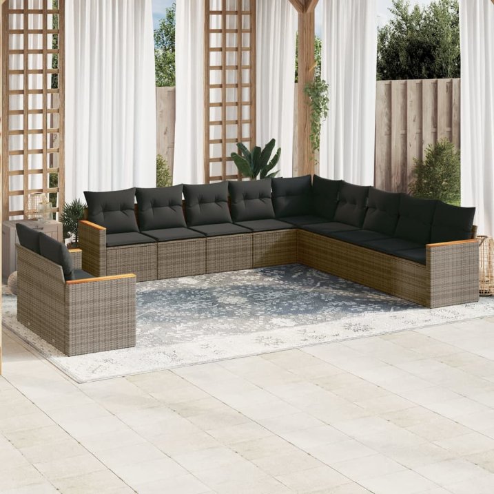 11-tlg. Garten-Sofagarnitur mit Kissen Schwarz Poly Rattan