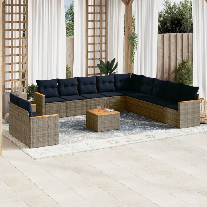 vidaXL 11-teiliges Gartensofa-Set mit Kissen, schwarzes Polyrattan