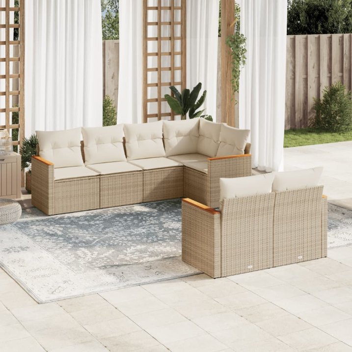 7-tlg. Garten-Sofagarnitur mit Kissen Schwarz Poly Rattan