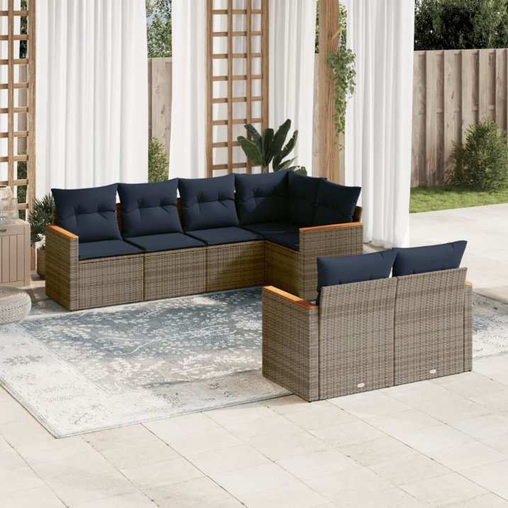7-teiliges Gartensofa-Set mit Kissen, schwarzes Polyrattan