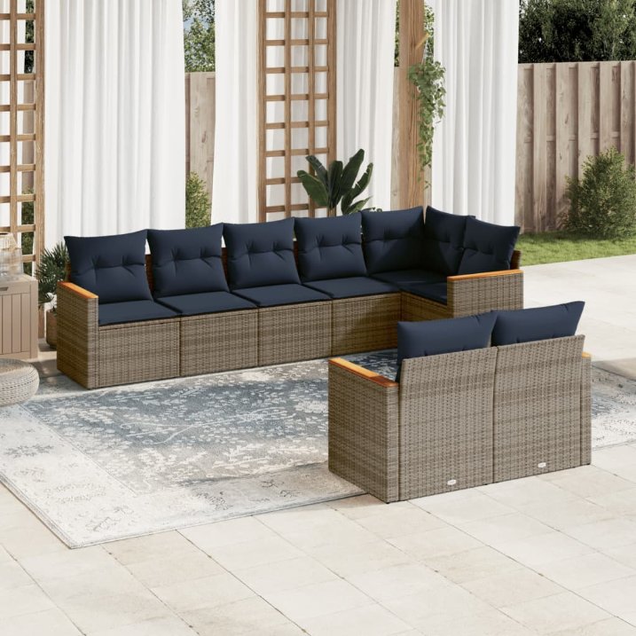 8-teiliges Gartensofa-Set mit Kissen, schwarzes Polyrattan