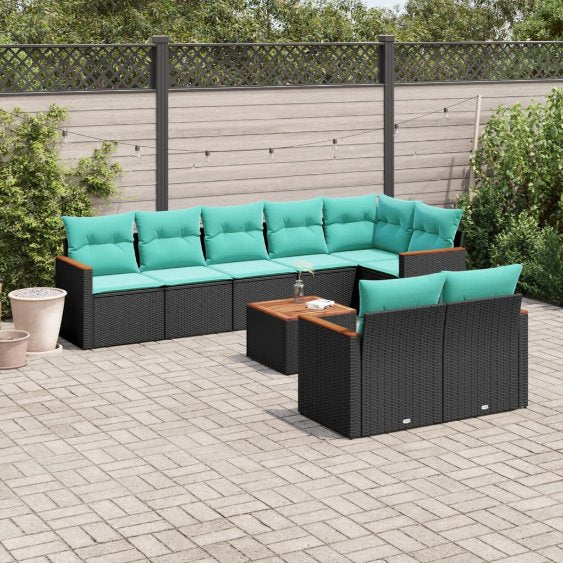 8-teiliges Gartensofa-Set mit Kissen, schwarzes Polyrattan