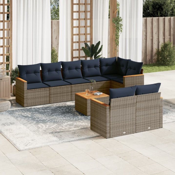 8-teiliges Gartensofa-Set mit Kissen, schwarzes Polyrattan