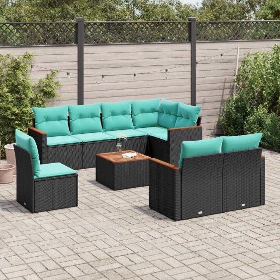8-teiliges Gartensofa-Set mit Kissen, schwarzes Polyrattan