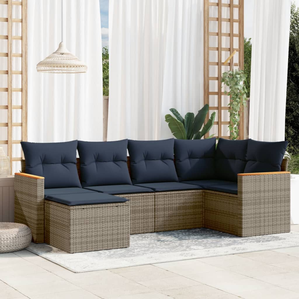 6-teiliges Gartensofa-Set mit Kissen, schwarzes Polyrattan