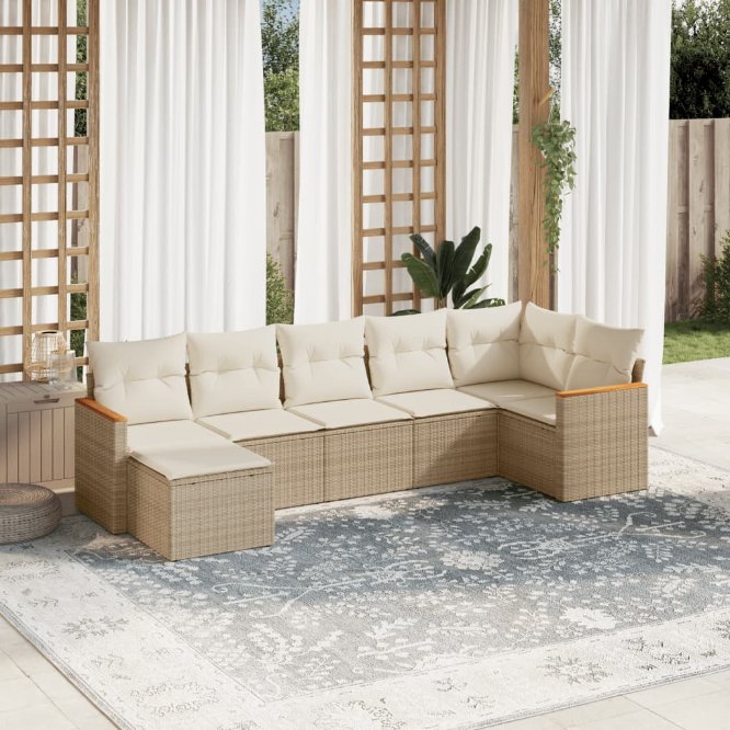 7-tlg. Garten-Sofagarnitur mit Kissen Schwarz Poly Rattan