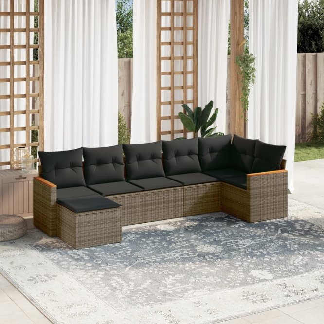7-tlg. Garten-Sofagarnitur mit Kissen Schwarz Poly Rattan