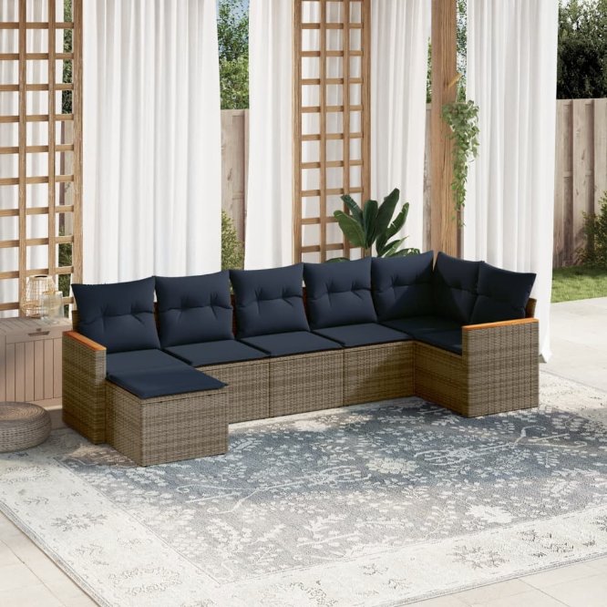 7-teiliges Gartensofa-Set mit Kissen, schwarzes Polyrattan