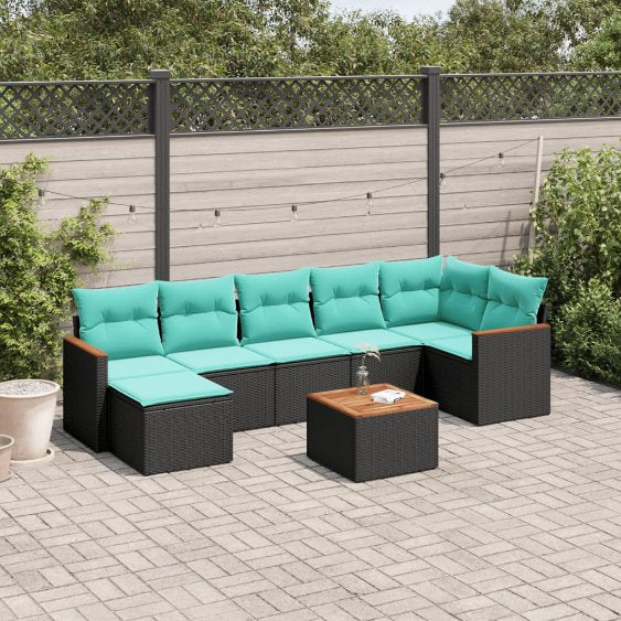 7-teiliges Gartensofa-Set mit Kissen, schwarzes Polyrattan