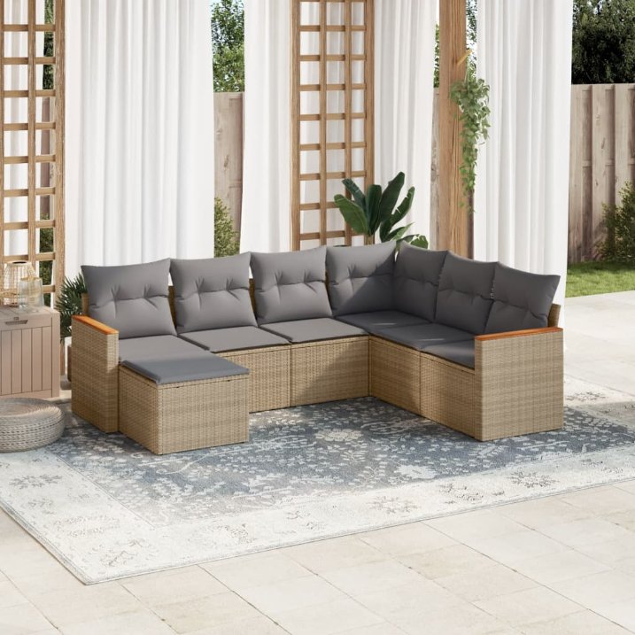 7-tlg. Garten-Sofagarnitur mit Kissen Schwarz Poly Rattan