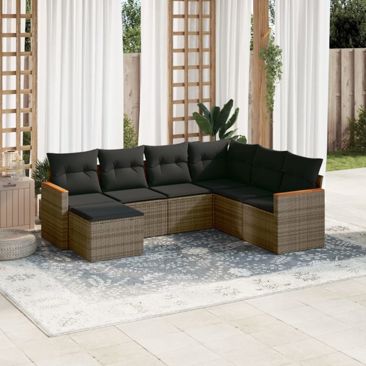 7-tlg. Garten-Sofagarnitur mit Kissen Schwarz Poly Rattan