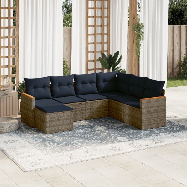 7-teiliges Gartensofa-Set mit Kissen, schwarzes Polyrattan
