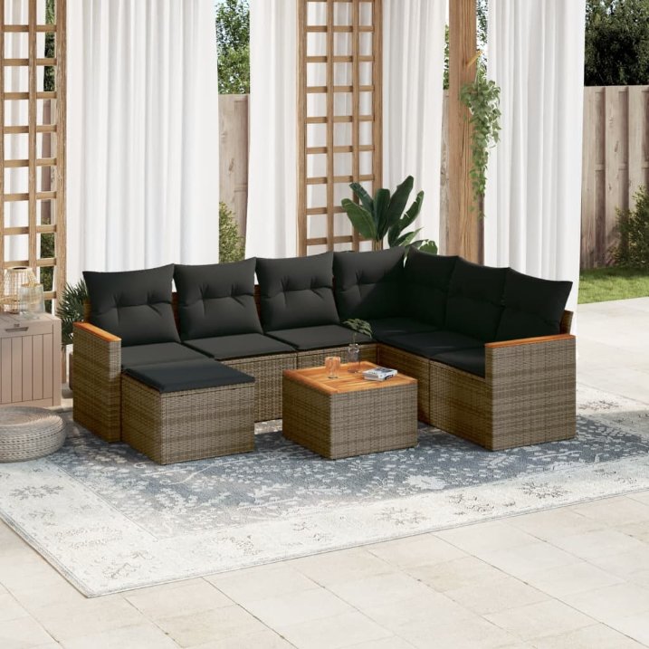 7-tlg. Garten-Sofagarnitur mit Kissen Schwarz Poly Rattan