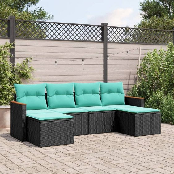 6-teiliges Gartensofa-Set mit Kissen, schwarzes Polyrattan