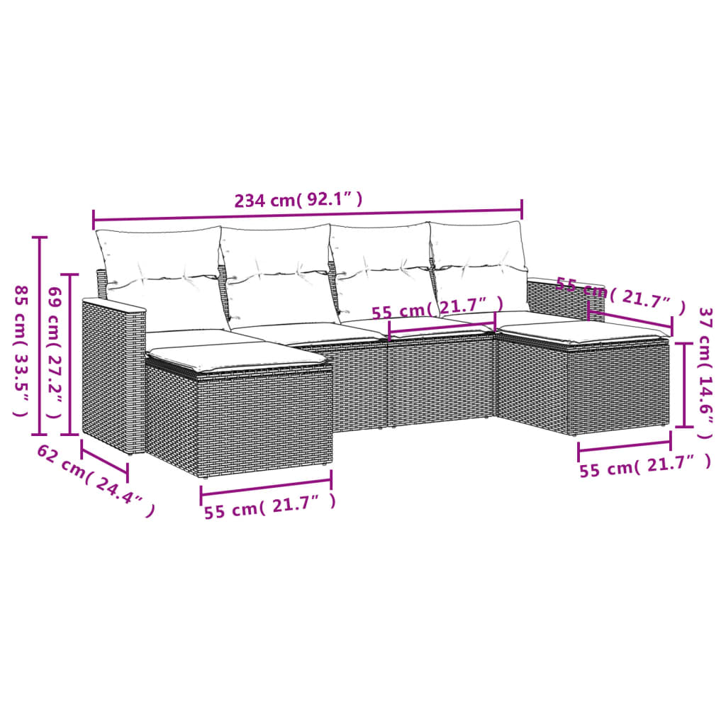6-teiliges Gartensofa-Set mit Kissen, schwarzes Polyrattan