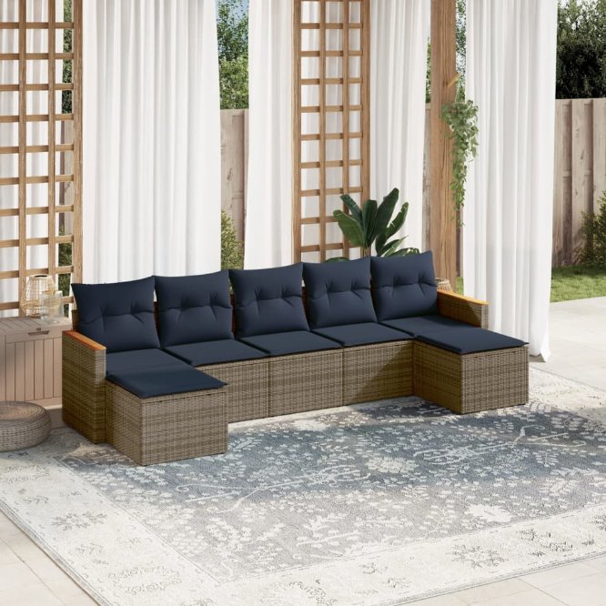 7-teiliges Gartensofa-Set mit Kissen, schwarzes Polyrattan